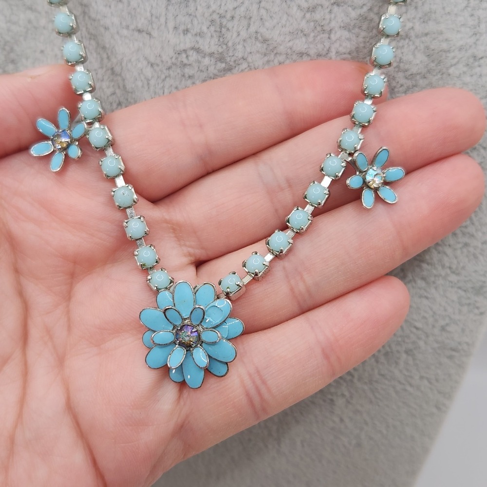 Vintage 1950s Blue Enamel Flower AB Rhinestone Choker Necklace Cottagecore